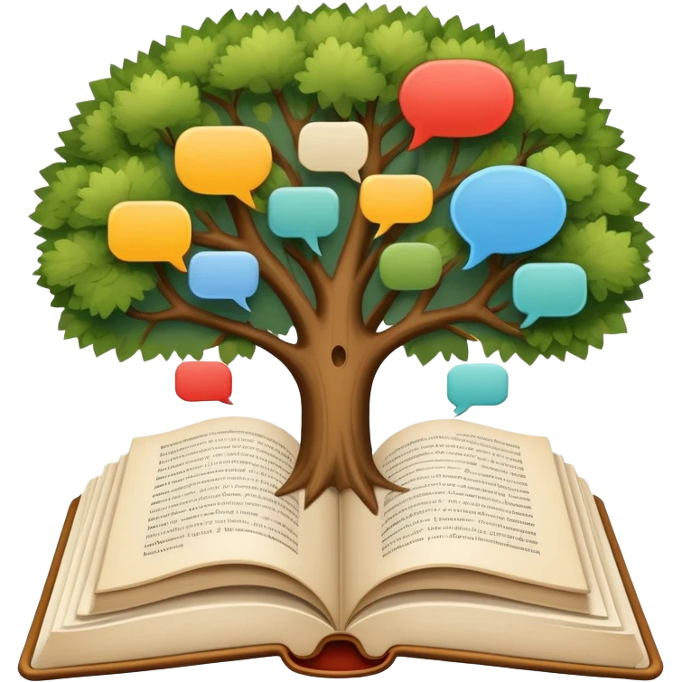 An icon featuring an open book, a speech bubble, and a linguistic tree, symbolizing philology and linguistics. The design includes alphabets, language symbols, representing the study of language, structure, and meaning. Transparent background highlights language research and analysis. emoji