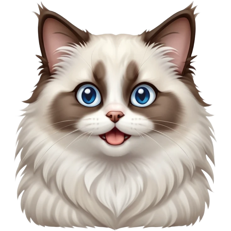 cinematic-adorable-big-eyed-fluffy-dark brown and white ragdoll-cat-portrait-emoji,-head-tilted-playfully-with-a-cute,-yawn,-soft-brown-and white-colored-fur-with-darker-points-on-the-ears,-simplified-yet-irresistibly-cute-features, sparkling blue eyes emoji