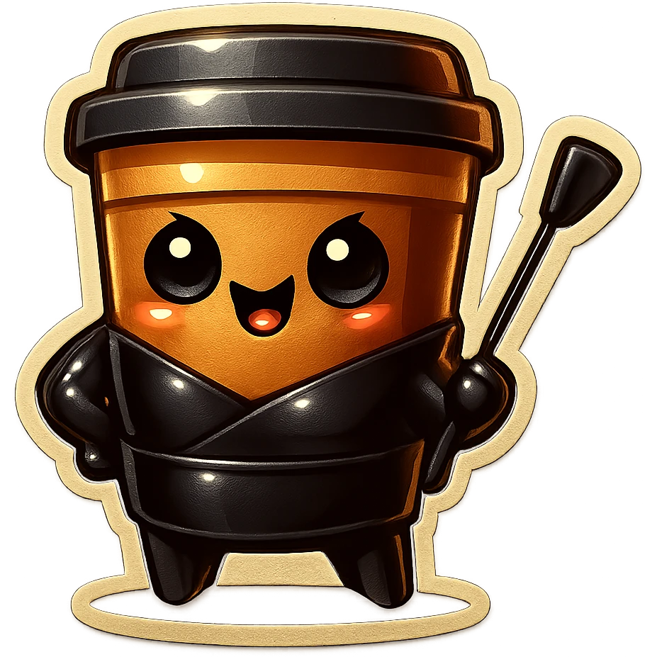 Tall coffee cup, dressed in leather holding a whipping crop, mischevious, emoji