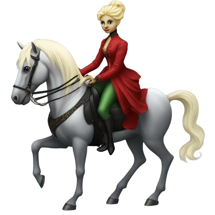 "galora green blonde alien woman" in red Victorian dress elegant, full body, on pegaso emoji
