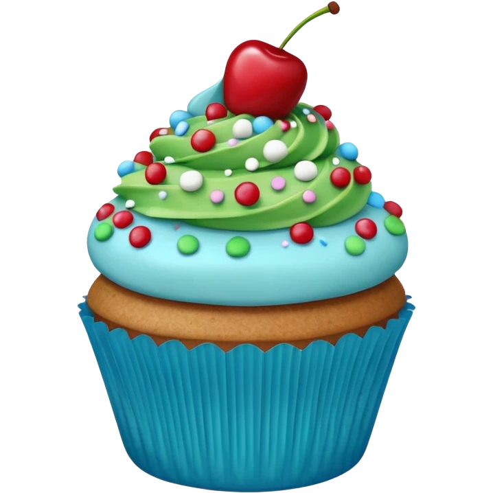 Cartoon Cupcake: blue cream, green paper, sprinkles with cherry on top  emoji