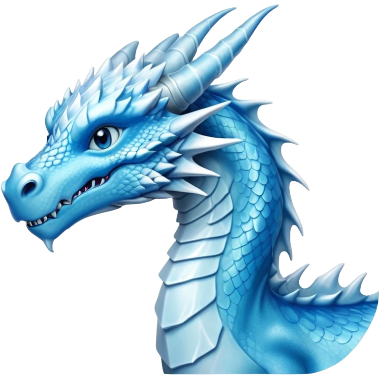 Cinematic Noble elegant Ice Dragon Portrait Emoji, Poised and imposing, distinct long elegant snout, with a slender, scaled body shimmering in glacial hues of icy blue, frostbitten silver, and crystalline white, breathing out frost, with piercing, glowing ice blue white eyes that radiate the chilling depths of an arctic storm; rendered in detail. emoji