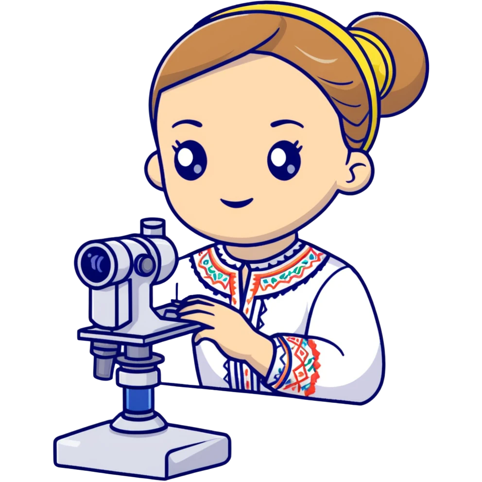 Ukrainian girl in traditional embroidered vyshyvanka shirt holding a microscope emoji