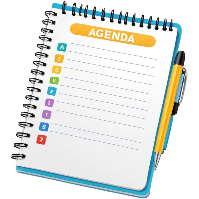 A colorful spiral notebook with 'AGENDA' at the top and bullet point items below it emoji