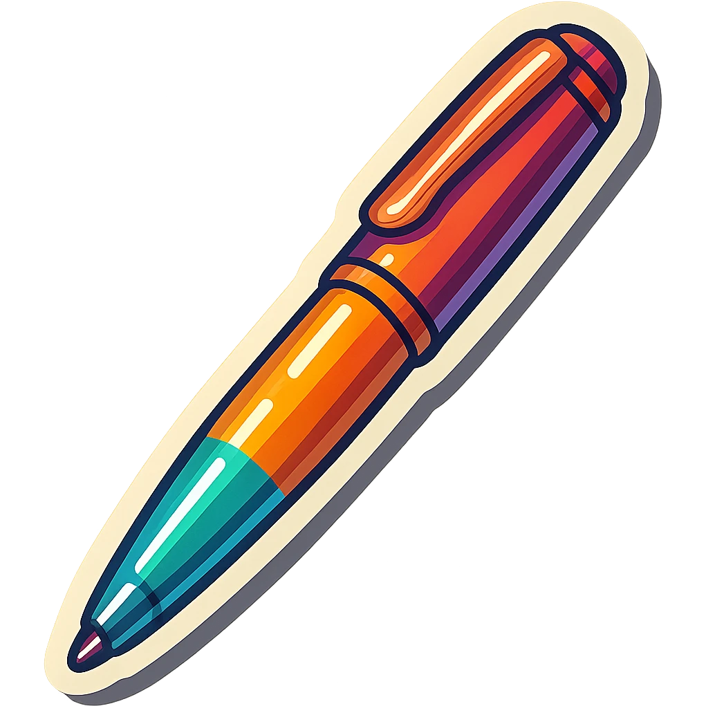 long classic pen, retro stickers style, soft rounded shapes, expressive contours, vintage color palette, light paper texture, shadows and highlights, transparent background emoji