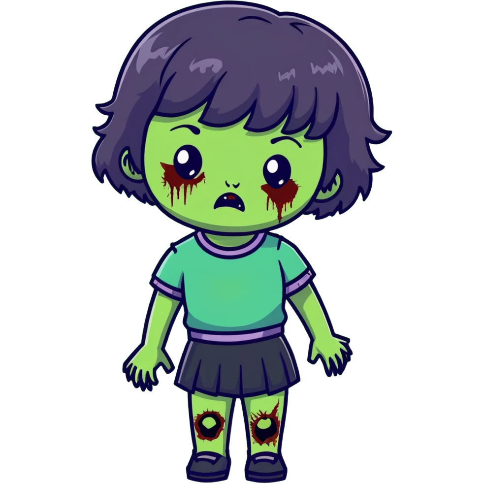 zombie girl with short wavy hair and black bangs, greenish skin emoji