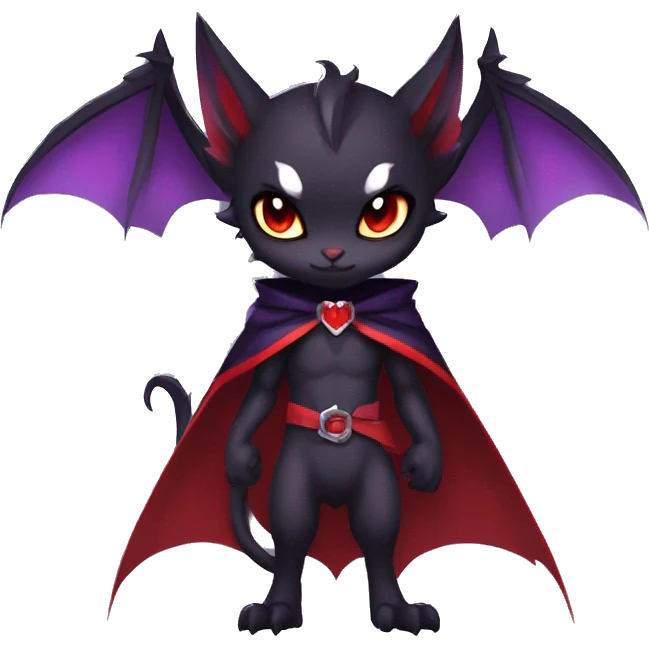  Black Red Purple Chibi Kawaii Edgy Cool Cute Vampiric Demonic Beautiful Noivern-Nargacuga-Litten with big Bat Ears and wearing a cape and collar full body emoji