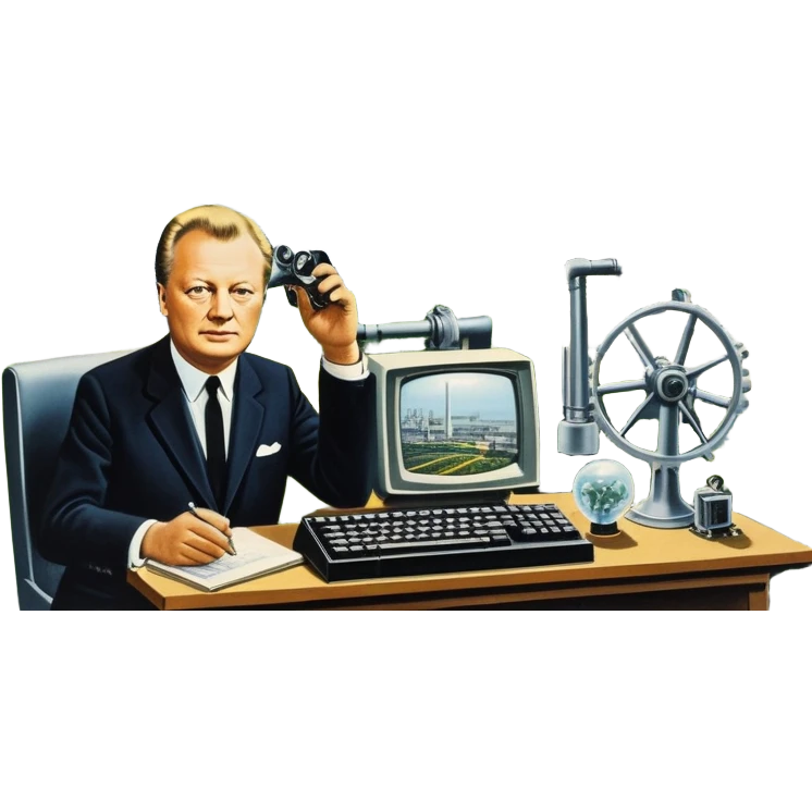 modernization scene in Germany late 1960s to 1970s with modern factories, computers, solar panels, people from industry, science, and society, gears, lightbulb, autobahn, small portraits or silhouettes of Willy Brandt and Helmut Schmidt, optimistic atmosphere emoji
