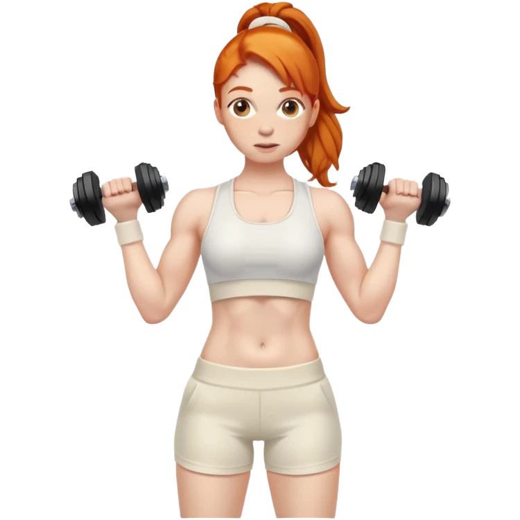 Ginger gym girl with dumbbells and cream gym clothes emoji