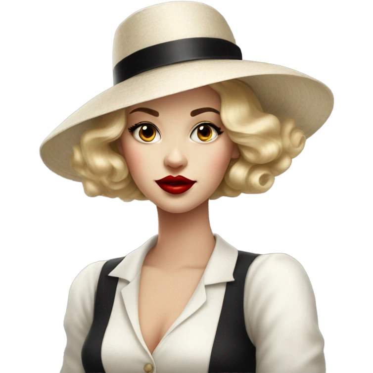 beautiful vintage girl white  in a hat black with red lipstick emoji