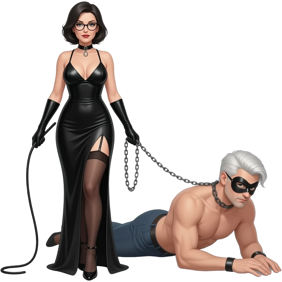 africaine dominatrice tres mince et tres  noire visage 50 ans fin lunettes debout robe decolletee profond fluide fendue  une jambe nue passant dans la fente fouet souple dans la main chaine dans la main droite droite talons aiguilles debout  homme blanc nu masque prosterné chaine au cou emoji