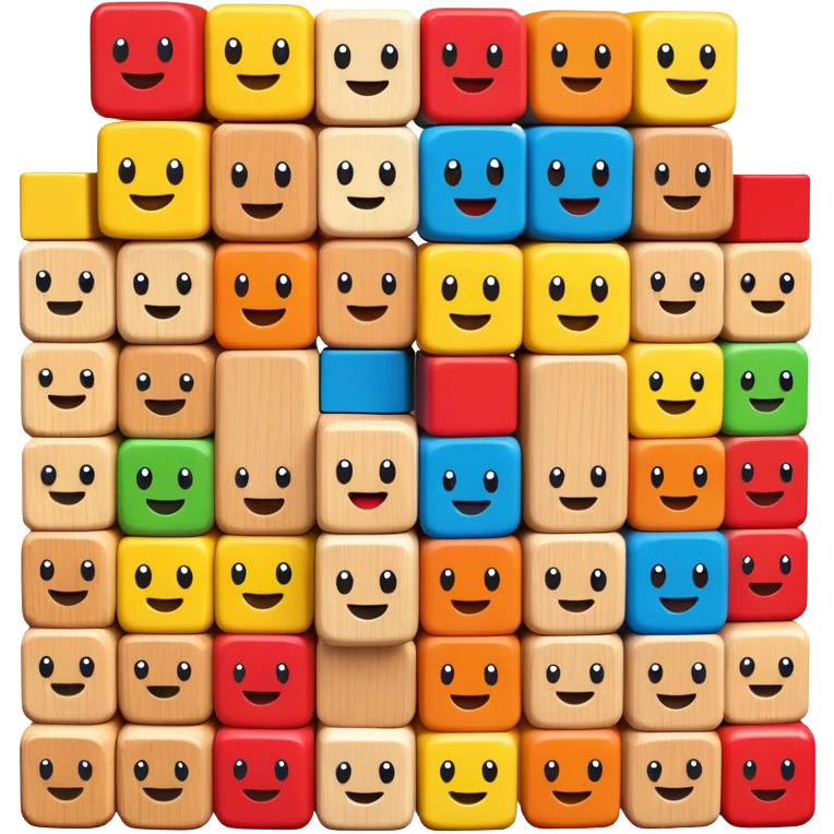 A stack of colorful toy blocks, each with adorable faces and expressions emoji
