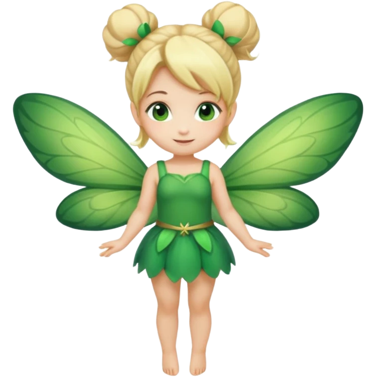 fairy with bun blonde hair, green wings, happy, chibi full body emoji