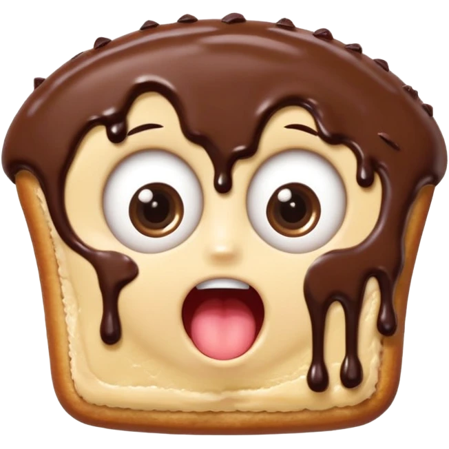 Rectangular chocolate mini pastry, slightly messy and squished, chocolate dripping, big round eyes, wide open mouth, playful surprised expression, text above: "ПАСТИЧКА", chibi style, Twitch emoji style, transparent background, colorful

 emoji
