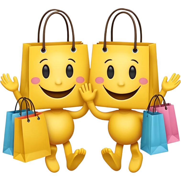 2 HAPPY SMILEY FACE EMOJI WITH HANDS AND FEET WITH SHOPPING BAGS IN EACH HAND emoji