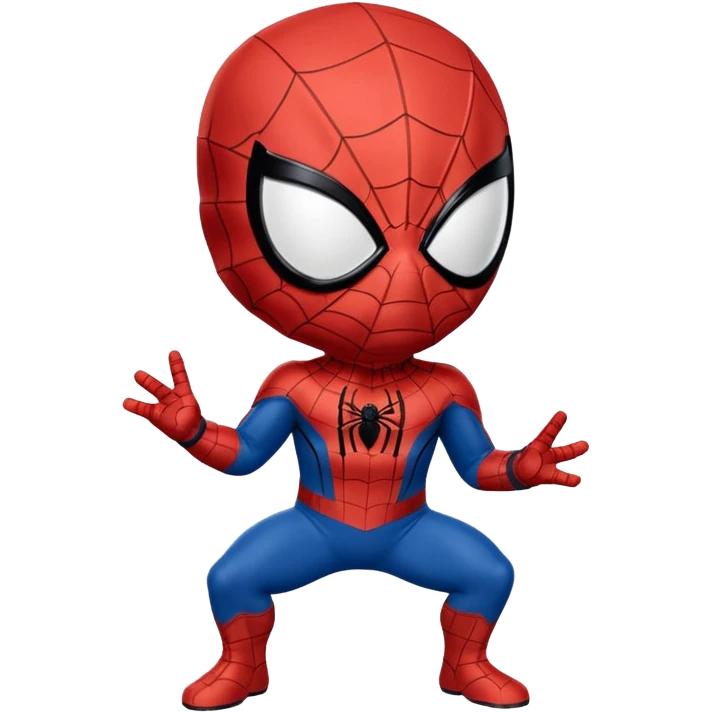 Un piccolo Spider-Man stilizzato in versione “chibi” o cartoonesca, appeso a testa in giù da un filo di ragnatela sottile. Il costume è classico,  La posa è compatta, con le braccia e le gambe piegate verso il corpo, dando un senso di leggerezza e simpatia.  emoji