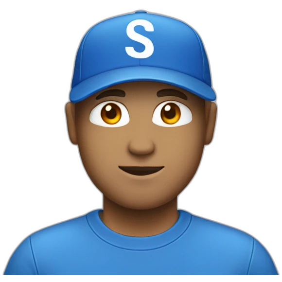 A white men who have a blue cap with letters "SK" and he have a blue shirt emoji