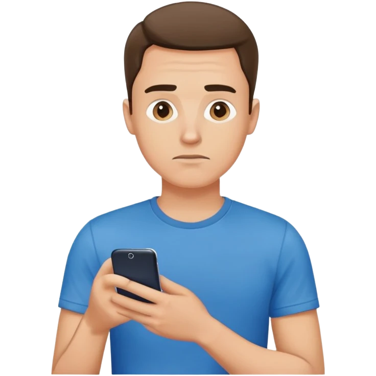 a thoughtful guy in a blue T-shirt holding a cell phone emoji