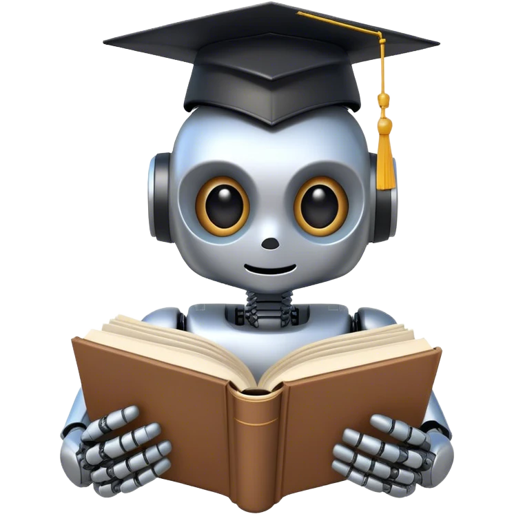 machine looking robot reading a big book with graduation head emoji