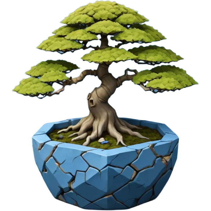 Thailand very old broken intricate Stone Age rocky-crusted dodecahedron-shaped shallow dark moss rough bark blue maple tree bonsai pot emoji