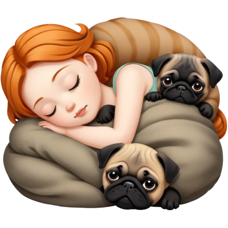 Sleeping ginger girl with black pug puppy and brindle pug puppy emoji