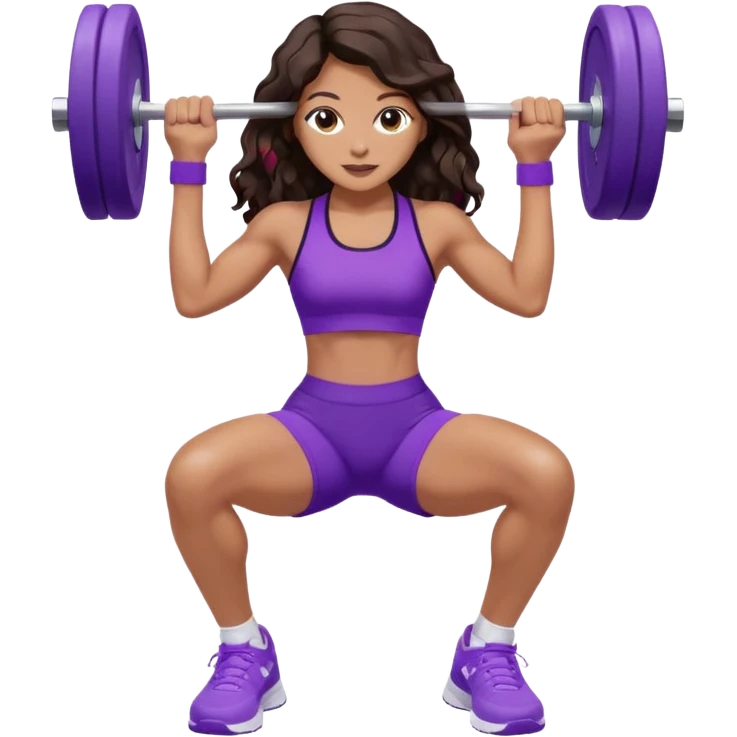 mujer de tez trigueña, con cabello castaño oscuro ondulado con pequeñas ondas, con el cabello super largo hasta las rodillas estilizado, con ropa deportiva morada/lila, tenis blancos deportivos y levantando una pesa emoji
