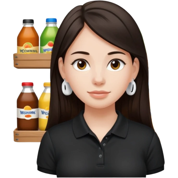 Girl with long dark brown hair with airpods wearing a black wegmans grocery store polo emoji