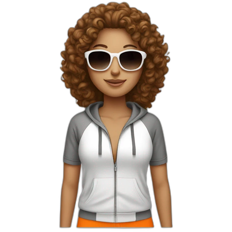 generate a brown curly long hair white woman with sunglasses, she wear a orange tracksuit  emoji