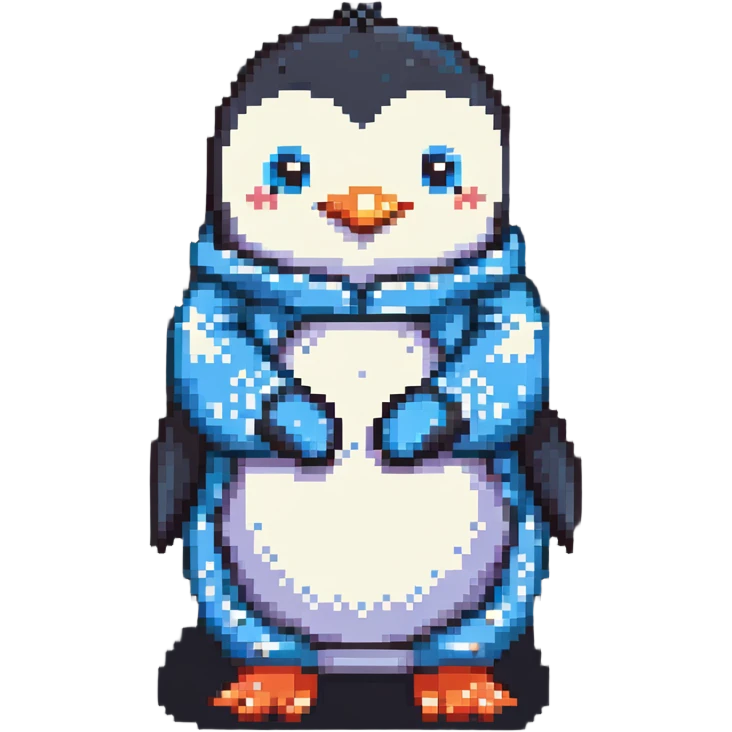 a penguin hugging a pillow, wearing pajamas, pixel art style, cute and cozy emoji