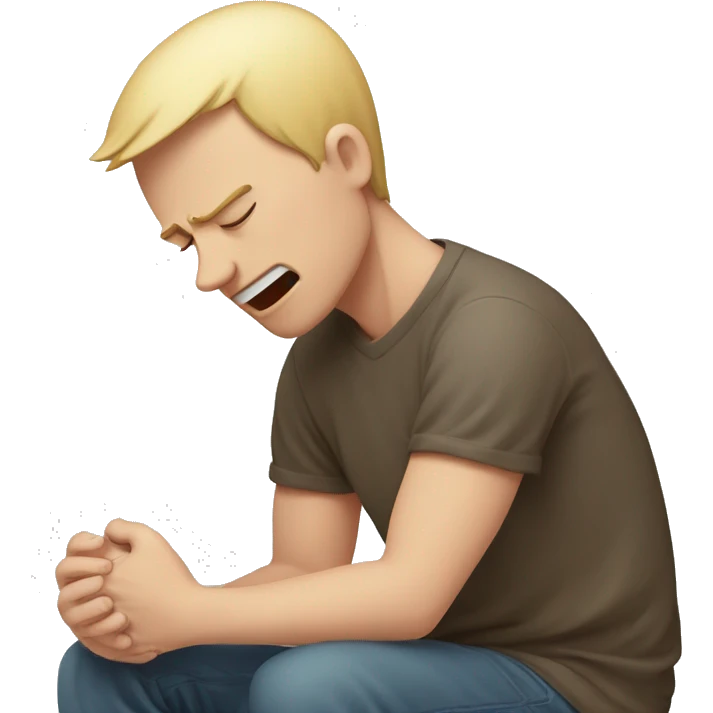 A white-skinned man kneeling and crying, trying to mend his girlfriend's broken heart. The heart is a broken emoji heart, highlighting the emotional scene. emoji