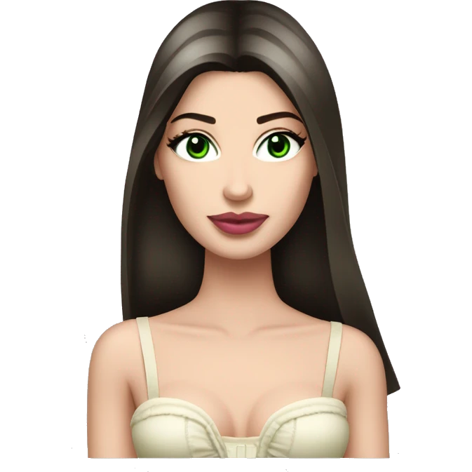 Brunette bombshell supermodel girl with long straight hair, pale skin, pink lips and green eyes. Wearing a cream bustier emoji
