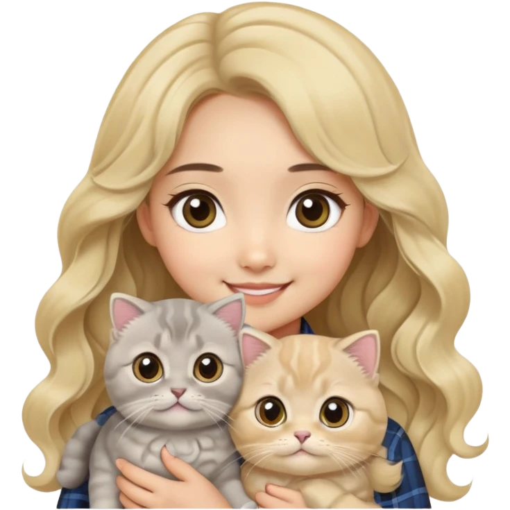 Gray Scottish fold hold by Asian girl big eye blonde wavy long hair smiling  emoji