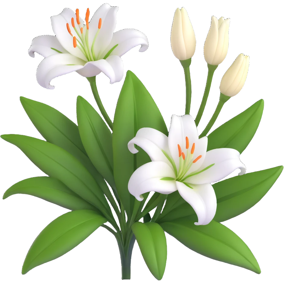 Elegant white lily flower with detailed petals and green foliage emoji