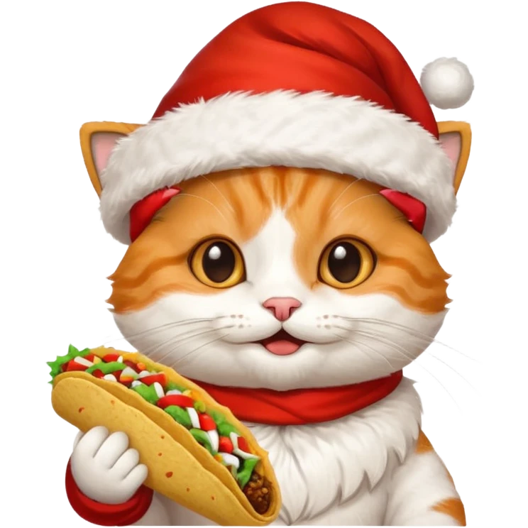 Happy Cat wearing a Santa hat and holding  a taco  emoji