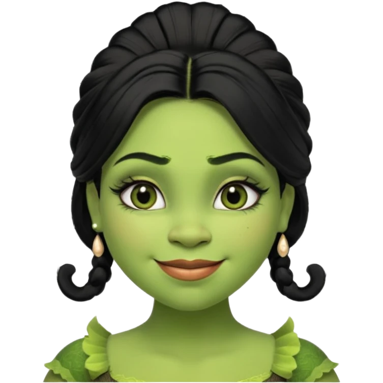 A beautiful girl Shrek, who has big eyelashes and had black hair. She has some makeup on too. She is dressed very very trendy. And she is smilingl. emoji