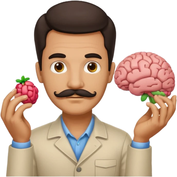 mustachioed man with dark hair holding a brain as an emoji emoji