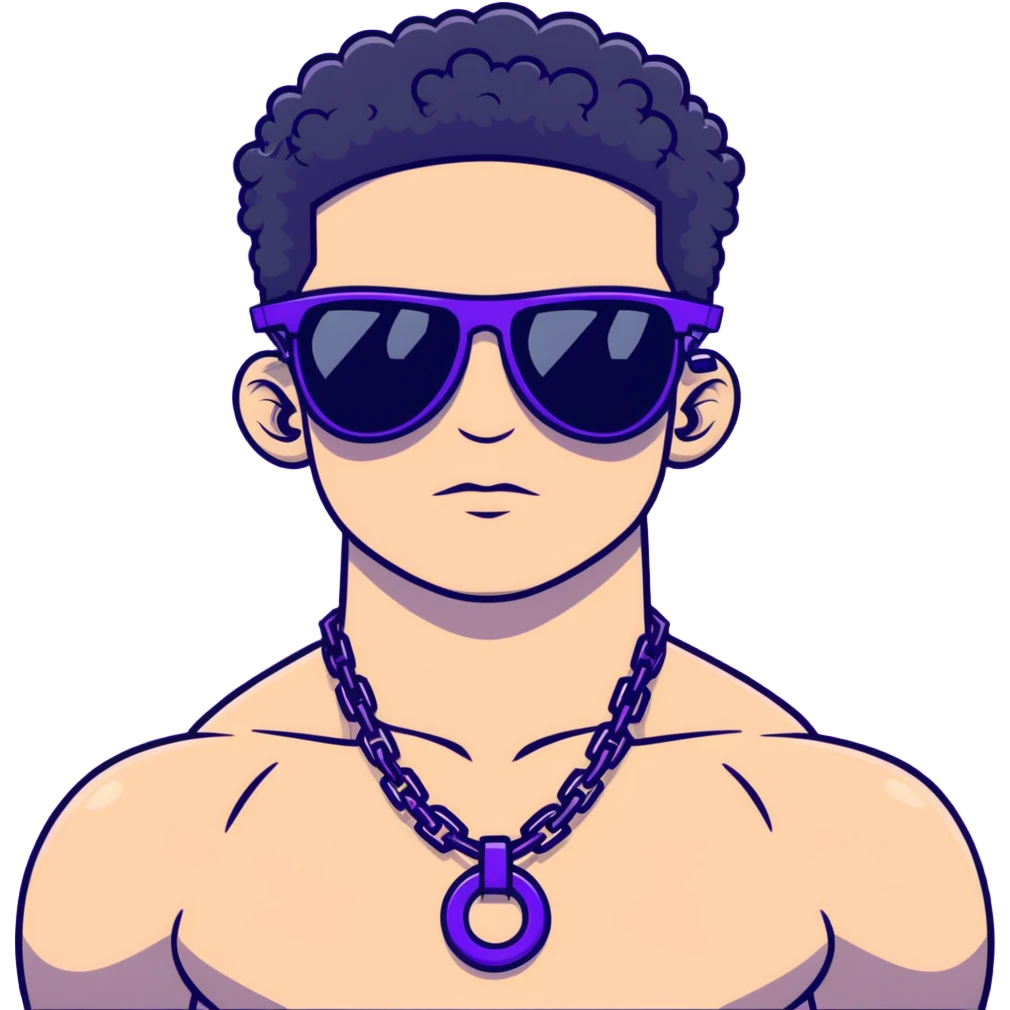 shirtless male athlete with white skin and moderately curly black hair on top with shaved sides, wearing purple sunglasses with very dark heavily tinted black lenses that completely hide the eyes, and a plain black chain necklace emoji