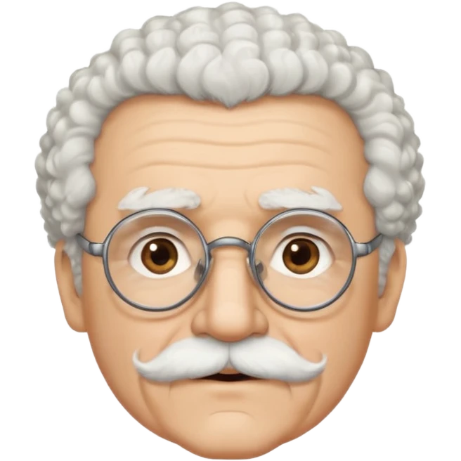 An elderly man emoji with light skin, fluffy curly white hair, thick white eyebrows, brown eyes behind black-framed glasses, a narrow pointed face, and a thin straight white mustache above his mouth. emoji