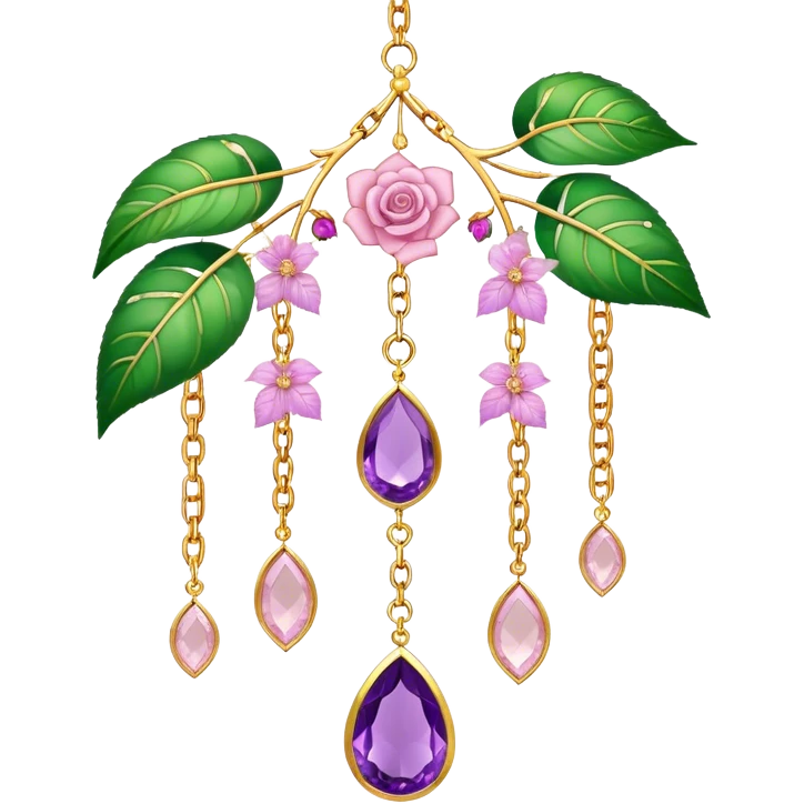 Hanging suncatcher, gold chains with shiny sparkly amethyst and rose-quartz gemstones, flowers, beautiful leaves, gorgeous aesthetics emoji