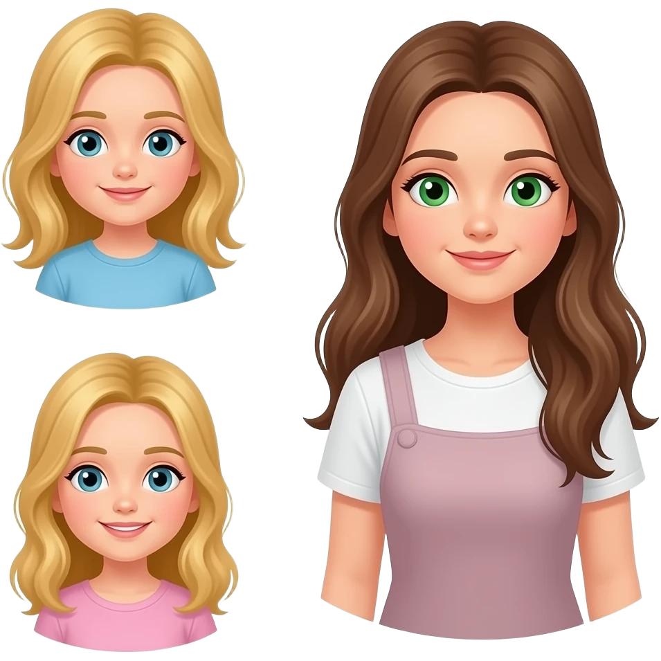der bub ist am kleinsten. das mädchen ist mittelgroß und hat blonde haare. das andere mädchen ist die größte und hat grüne augen und sehr lange braune haare. emoji