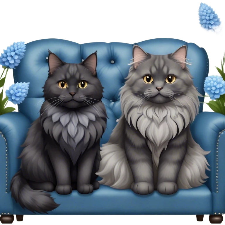 A large black smoke Maine Coon cat with long grey ear tufts and a fluffy grey ruff, sitting next to a chubby British Shorthair cat in blue color with plush fur, both sitting comfortably on a leather sofa. Beautiful room background with flowers and soft lighting. Transparent background. emoji