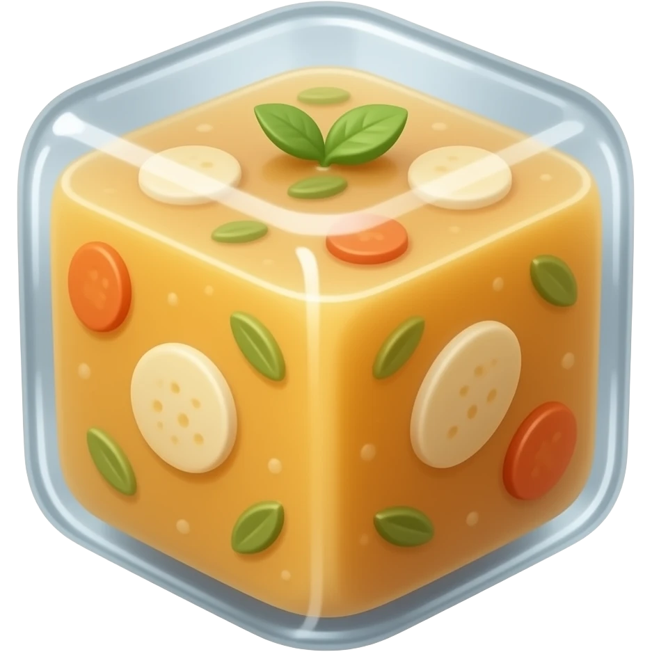 A Soup but frozen in a cube. A super cube - Blend the Cube with the soup. The ice cube should be the soup and there should be no ceramic emoji