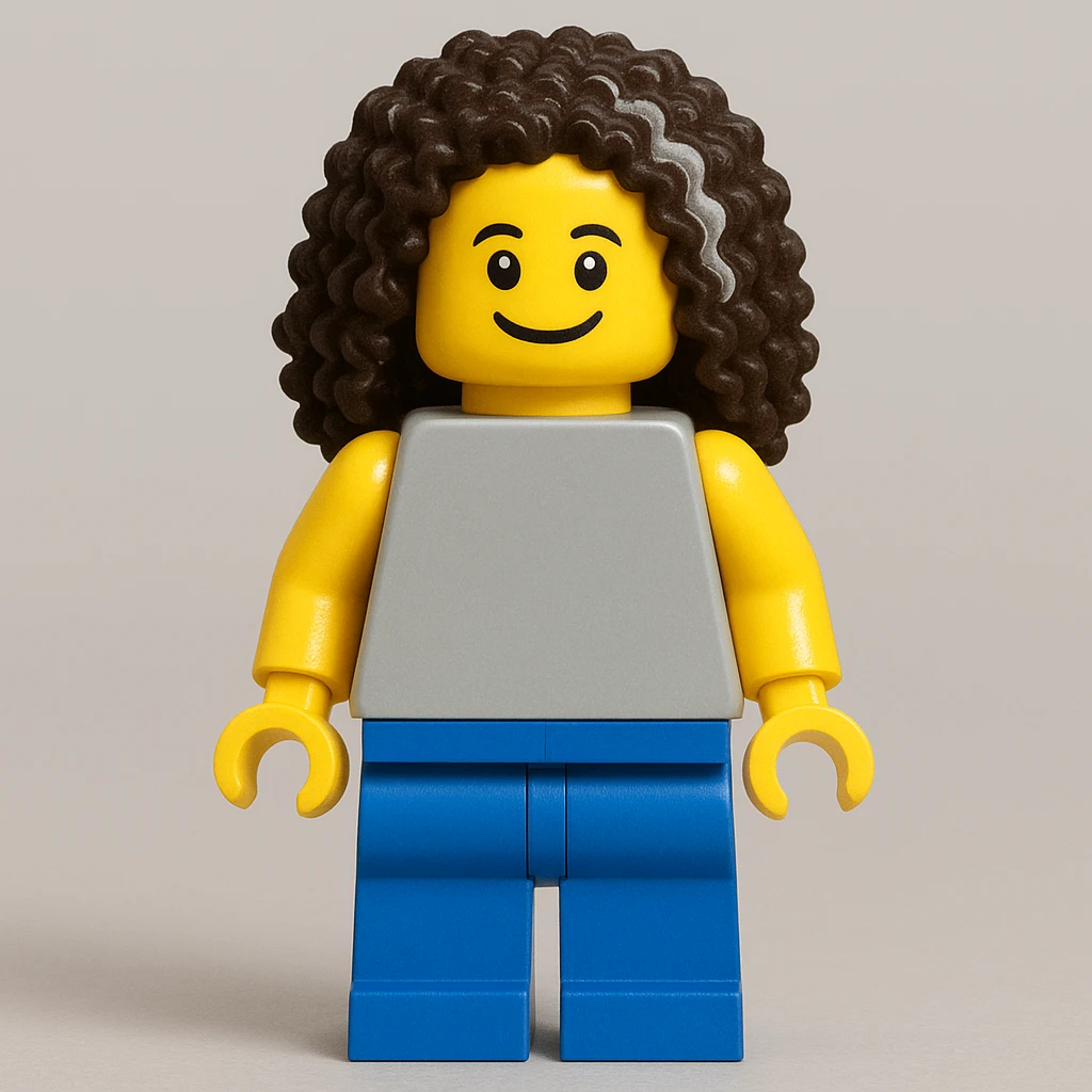 Create a full body LEGO minifigure based on the provided face image. Include the clearly whitish-gray section of hair, keep the smile, and maintain the playful classic LEGO style. Show the classic LEGO body, arms, and legs in the design. emoji