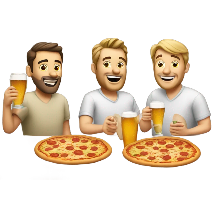 Three Caucasian dudes eating pizza and drinking beer in manhatten emoji