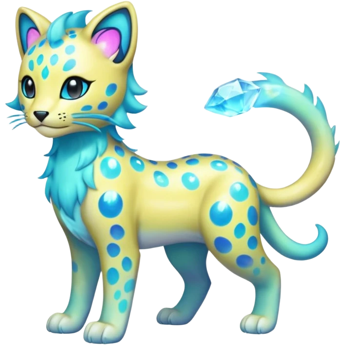 Colorful Iridescent Shiny Pastel Nebulae Glowing Neon Bioluminescent Bright Icy Elemental Pawny Cute Innocent Liepard-Amaura-Litten-Sprigatito-Pokémon-fusion-creature (full body) emoji