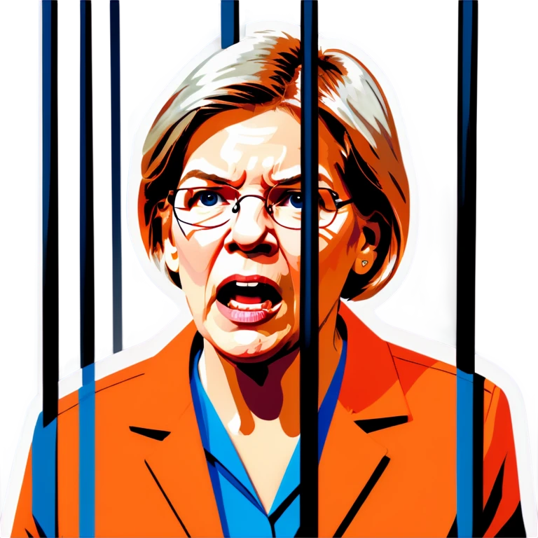 Make a picture of Senator Elizabeth Warren wearing an orange jumpsuit and behind bars make her look worried but only about herself more realistic emoji