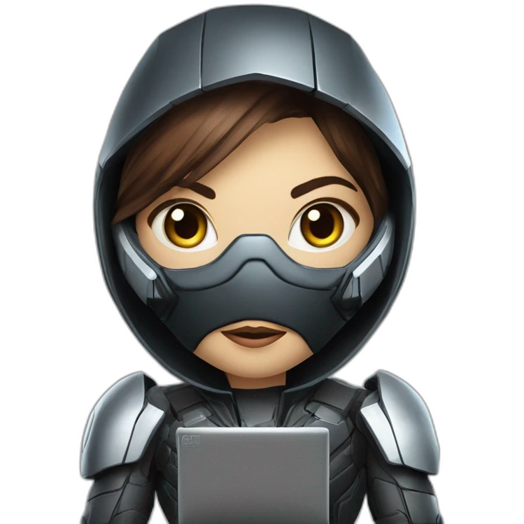 Girl developer behind his laptop with this style : Crytek Crysis Video game with nanosuit character hacker themed character emoji