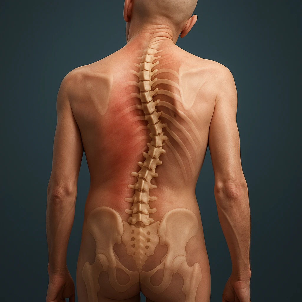 Create a hyperrealistic 3D image of a human body viewed from behind with one shoulder higher and the other lower, showing a crooked posture and evident scoliosis. The spine should be realistic, well visible, and crooked. Emphasize the back pain and spinal deformity in a medical atmosphere. Render in 4K quality. Use the reference image for details. emoji
