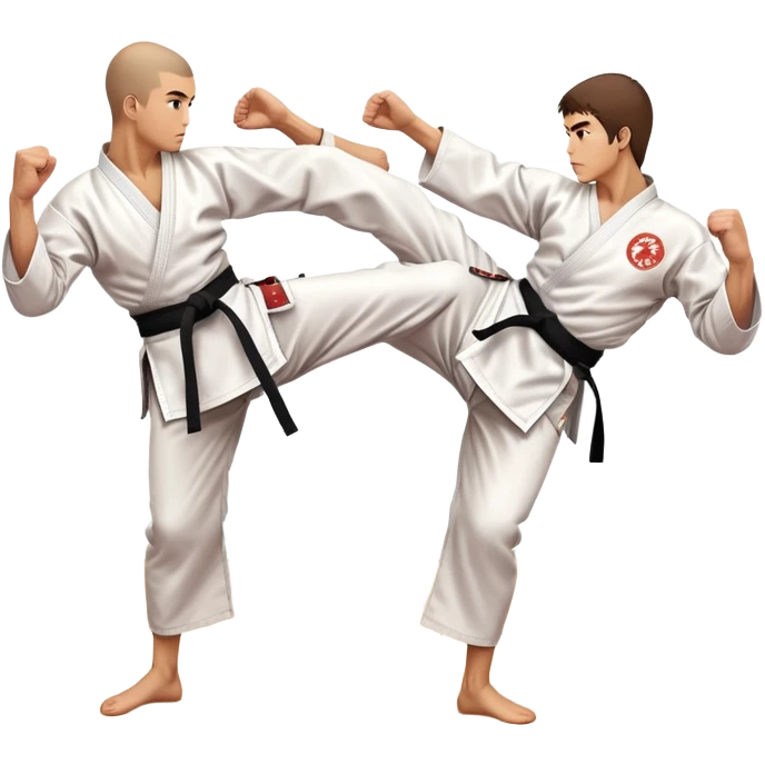 Two karate fighters in traditional gi sparring. One executes a high kick aimed at the opponent’s head, while the other blocks with a strong hand defense. The background features a classic dojo with wooden flooring and banners. Dynamic motion and focused expressions. Transparent background. emoji
