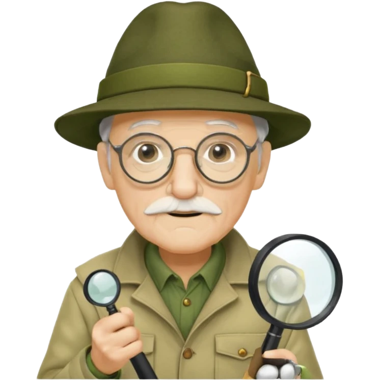 old man in beige moss green explorer outfit, wear black glass, hat, holding magnifying glass emoji